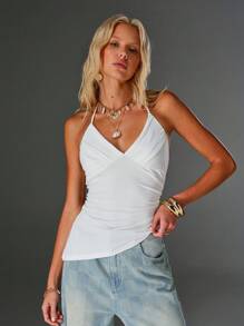 TRNVIE Áo ba lỗ trắng cổ chữ V sâu không đối xứng thời trang nữ, mùa xuân/hè - trắng - Xem 5