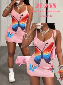 Slaydiva 2025夏季新款音乐节、复活节、母亲节、宴会、派对、日常、休闲、度假、邮轮、沙滩、日光浴、时尚针织细肩带网眼蝴蝶装饰迷你连衣裙、女式毛衣裙 - 彩色 - 查看 2