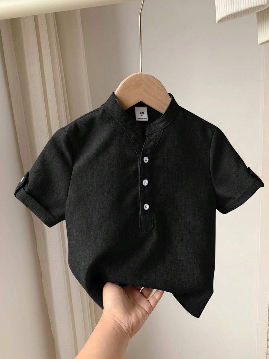 SHEIN LMoss Kids 1pc Young Boys' Casual Loose Woven Plain Stand Collar Short Sleeve Shirt Young Boys Suit Set - Black - View 1