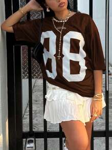 Plus Size Casual Dropped Shoulder Numeric Print Short Sleeve T-Shirt, Summer - Brown - View 3