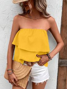 EMERY ROSE Women's Vacation Solid Color Ruffle Hem Bandeau Top - Yellow - View 4