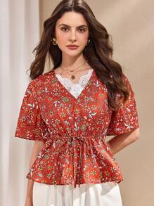SHEIN Unity 女式休闲优雅短袖碎花衬衫 - 亮橙色 - 查看 3