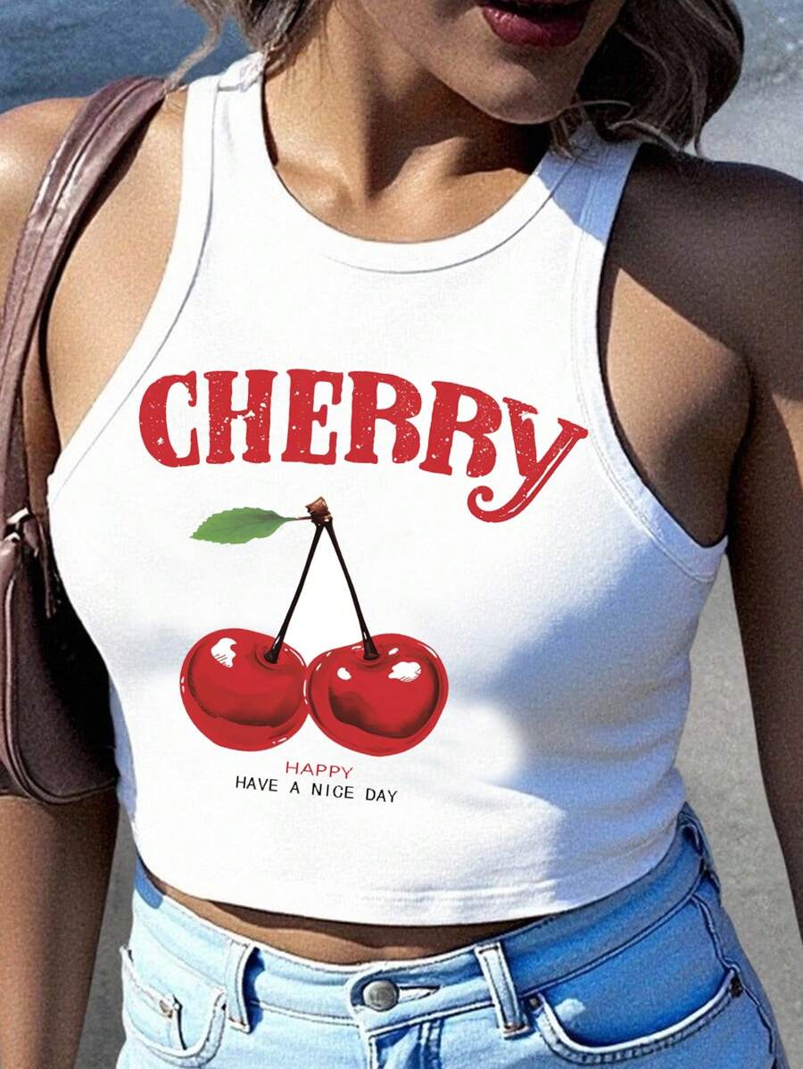 Veykashi Top de tirantes de talla grande para mujer con estampado de cereza, en corte ajustado y cuello redondo, apto para el verano - Blanco - Ver 1