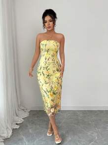 Rafferiza Váy midi bandeau thêu màu vàng thanh lịch cho nữ, mùa hè - Màu vàng - Xem 4