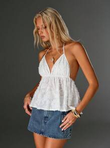 SHEIN Unity Women's Chiffon Cutout V-Neck Spaghetti Strap Tie Strap Romantic Vacation Camisole Top, Babydoll Top - White - View 4