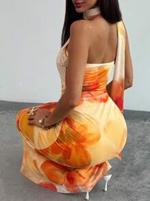 Aloruh 女士花卉印花无袖修身连衣裙，优雅度假装 - 黃色 - 查看 3