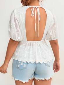 Flirla 加大码甜美泡泡袖宽松碎花系腰衬衫