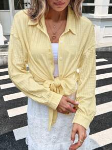 SHEIN LUNE Camisa de manga larga con textura de encaje y unicolor casual para mujer, adecuada para vacaciones, uso diario, protección solar, verano, aeropuerto, vacaciones de verano, playa, salidas, tops de verano lindos, festivales, color amarillo mantequilla, tops para salir - Amarillo - Ver 9
