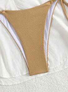 SHEIN Swim 女士夏季海滩音乐节罗纹面料卡其色吊带时尚配饰比基尼套装 - 卡其色 - 查看 7