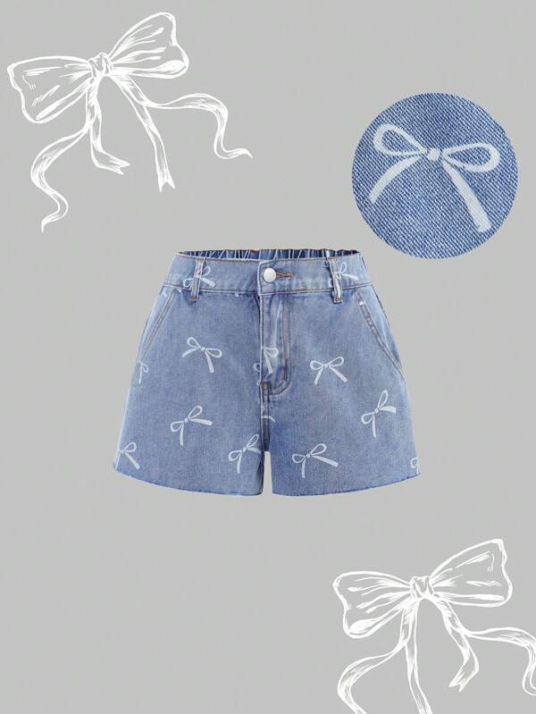 SHEIN Girlism Wiosenne i letnie, luźne, jeansowe szorty dla nastolatek z niskim stanem i kokardką, z nadrukiem i surowym brzegiem, modne stylizacje na wiosnę i lato, plażowe, na wakacje, na koncerty, na festiwale, na imprezy rave, na letni brunch, na ukończenie szkoły.