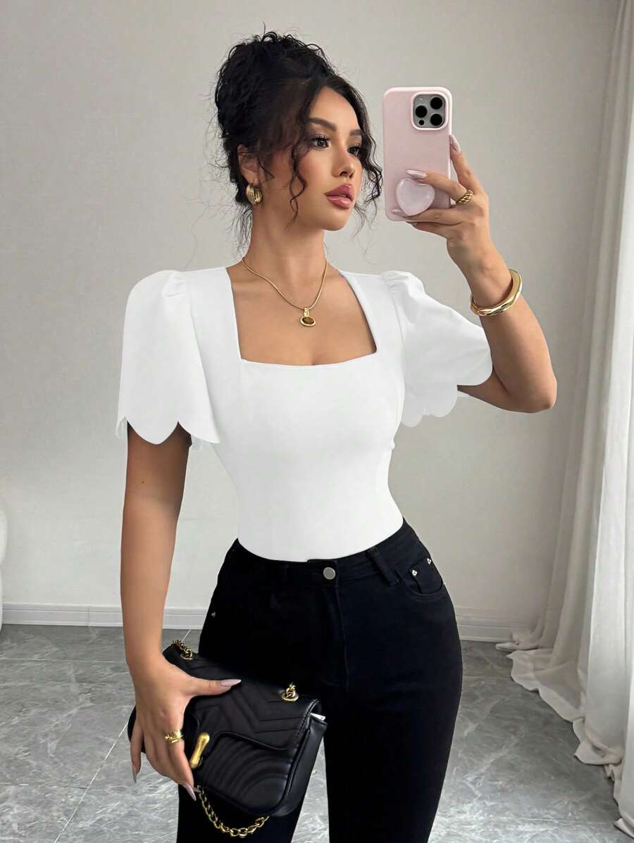 Elenzga Top court évasé à manches évasées avec bordure en coquillage de couleur unie style français, T-shirt ajusté à col carré et manches bouffantes élégant - Blanc - Voir 1