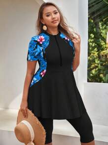 Swim Shayni Plus Size Women 2pcs Set Short Sleeve Zipper Round Neck Waist Slimming Modest Middle East Style Beachwear For Vacation & Ramadan