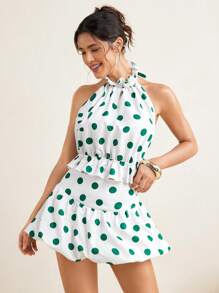 VALERIA GALIPOLI Polka Dots Ruching Ruffles Halter Neck Backless Sleeveless Crop Top Summer Women Vacation Beach