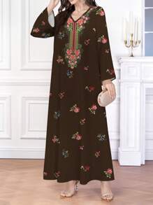 Al Najma 女士优雅印花 V 领长袖连衣裙，端庄的长袍 - 彩色 - 查看 3