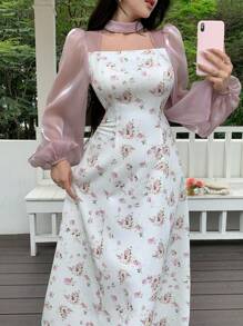 Feyla Women's Floral Print Square Neck Mesh Insert Elegant Long Sleeve Midi Dress