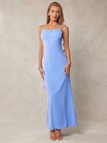 L'Amorae Vestido de mujer con corte al bies y detalle de tirante con flor y espalda baja