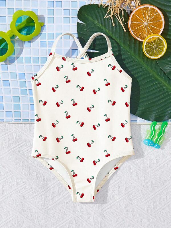 SHEIN Cute Mini Cherry Pattern Baby Girls Casual Minimalist Adjustable One-Piece Swimsuit, Summer