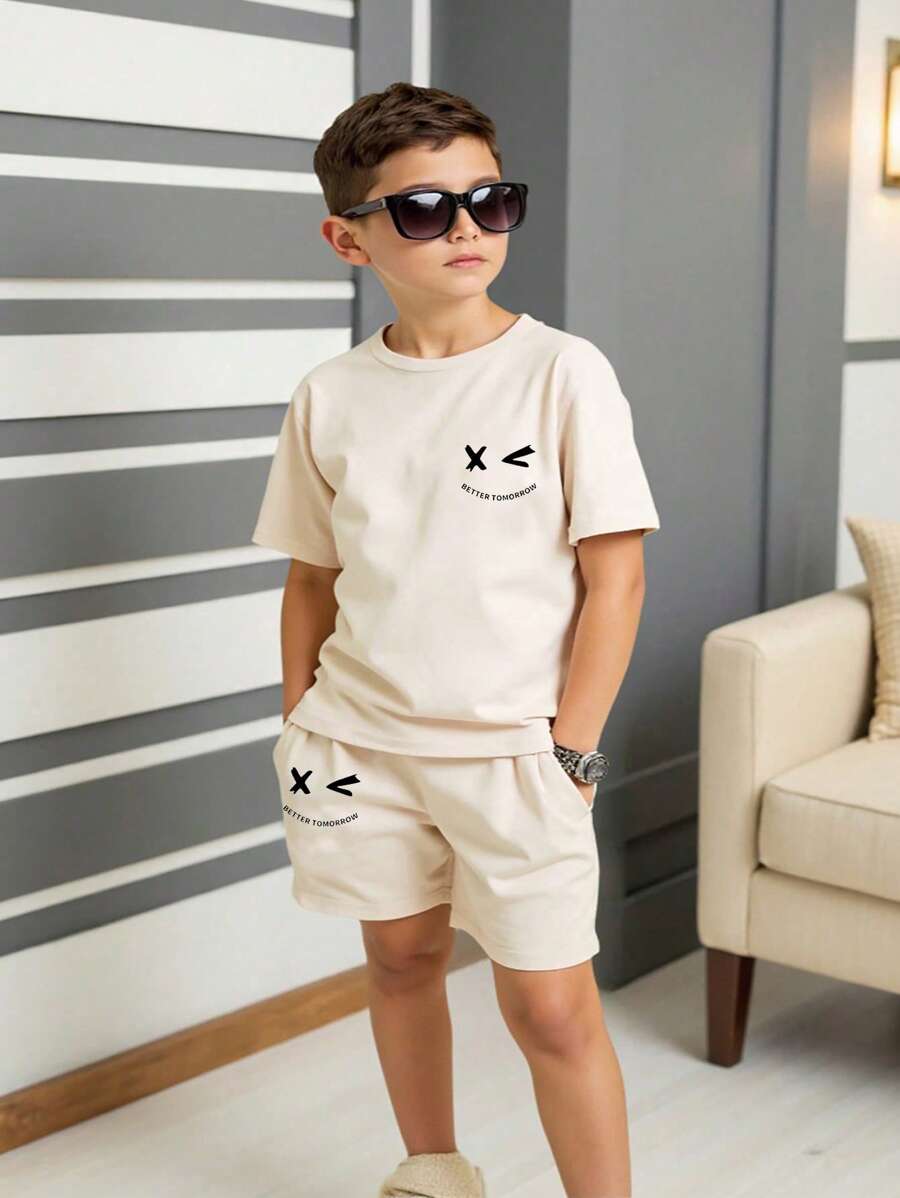 SHEIN 男童休闲笑脸印花圆领短袖两件套 蓝色 日常装 春夏 - 卡其色 - 查看 1