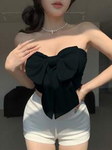 DAZY Áo ống đen hở vai họa tiết nơ cho bé gái mùa hè mới - màu đen - Xem 4