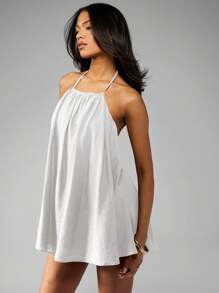 MISSGUIDED 亚麻露背迷你连体裤夏季度假海滩度假装假日海岛节日连衣裙可调节系带飘逸 - 白色 - 查看 6