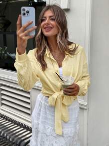 SHEIN LUNE Camisa de manga larga con textura de encaje y unicolor casual para mujer, adecuada para vacaciones, uso diario, protección solar, verano, aeropuerto, vacaciones de verano, playa, salidas, tops de verano lindos, festivales, color amarillo mantequilla, tops para salir - Amarillo - Ver 8