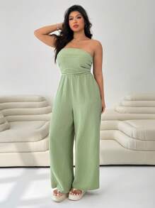 SHEIN EZwear 绿色大码女式休闲褶皱阔腿连体裤 - 綠色 - 查看 5