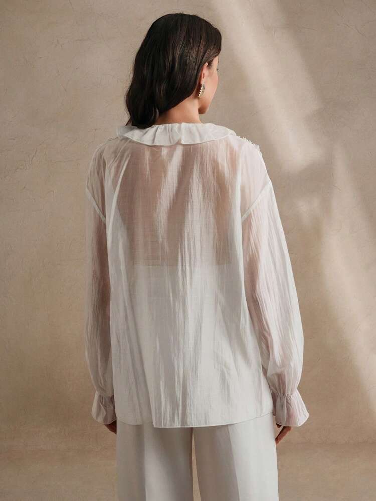 Women's Embroidered Sheer Spring/Summer Long Sleeve Elegant Blouse, Beige