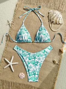 Swim Mod 2pcs/Set Summer Holiday Random Printed Textured Fabric Gold Shell Accent Halter Bikini Top And High Cut Swimsuit Bottom, Sexy Swimwear Set Tropical Bathers - Green - View 1