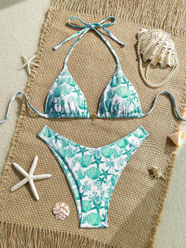 Swim Mod 2pcs/Set Summer Holiday Random Printed Textured Fabric Gold Shell Accent Halter Bikini Top And High Cut Swimsuit Bottom, Sexy Swimwear Set