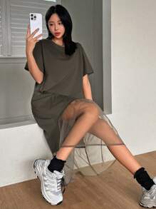 DAZY Đầm thun tay ngắn cổ tròn rộng rãi phối lưới cho nữ mùa hè, Đầm thường ngày cho nữ - Màu xám đen - Xem 5