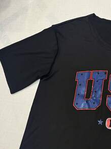 Attitoon Casual Simple USA Text Graphic Dropped Shoulder Women T-Shirt, Summer Suitable - Black - View 5