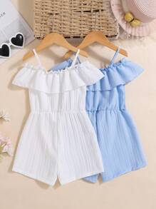 2 pièces Combinaison simple à volants et nœud pour jeunes filles, couleur unie, idéale pour les vacances décontractées - Multicolore - Voir 2