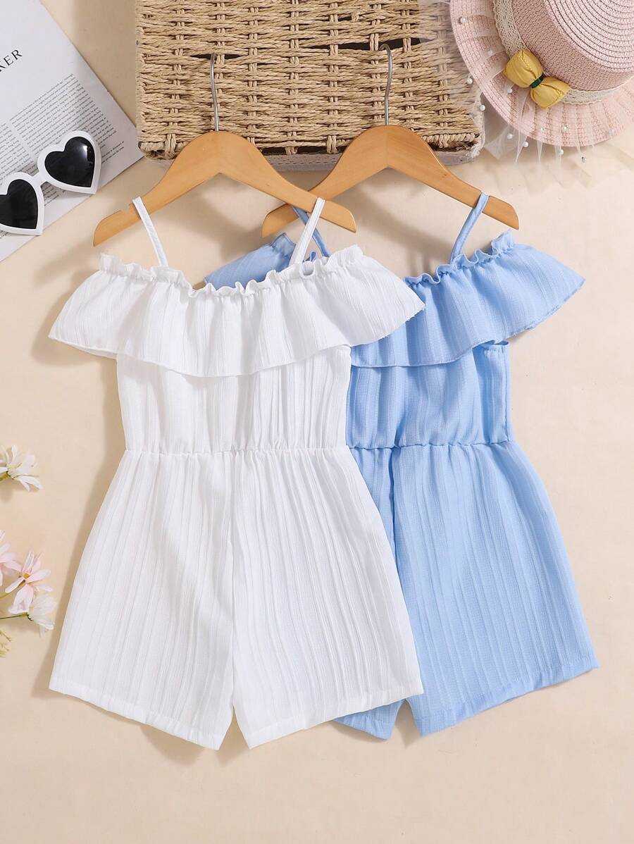 2pcs Young Girls Summer Ruffle Strap Bow Solid Color Simple Jumpsuit, Suitable For Casual Vacation Wear - Multicolor - View 1