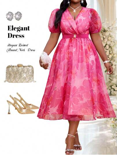 Fleurora Autumn And Winter Elegant Vintage Work Wedding Cocktail Party Colorful Knitted Chiffon Round Neck Bishop Sleeve A Line Dress Plus Size Dresses Prom Dress