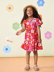 Young Girl Ditsy Floral Fitted Round Neck Casual Knit Dress - Multicolor - View 4