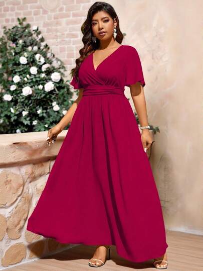 Cravure Burgundy Red Plus Size Women's Ruffle Trimmed Waist Asymmetric Hem Dress, For Christmas Maxi Women Outfit Wedding