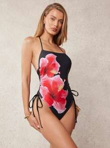 L'Amorae Women's Vacation Floral Print Side Tie Halter One-Piece Swimsuit For Summer - Multicolor - View 1