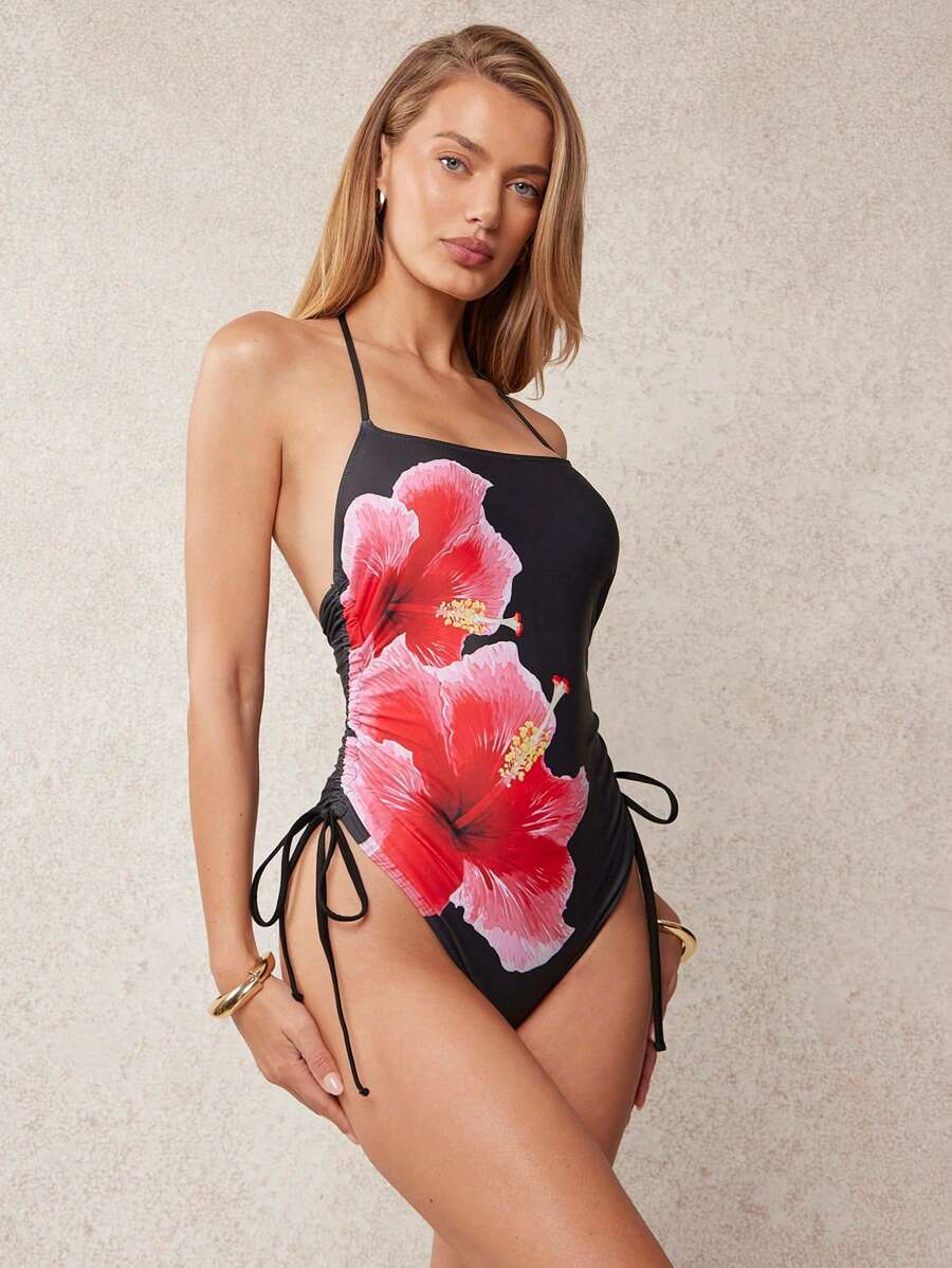 L'Amorae Women's Vacation Floral Print Side Tie Halter One-Piece Swimsuit For Summer - Multicolor - View 1