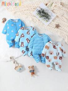 4-Piece Newborn Baby Cute Bear Print Simple Stylish Long Sleeve Romper Outfit Set