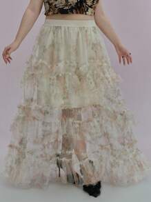ROMWE Plus Size Women Retro Elegant Ruffled Organza Floral Print Skirt - Multicolor - View 7