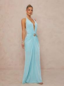 Lumalex 金属节日度假优雅深 V 领弹力漂亮女士沙滩裙 - 淺藍色 - 查看 5