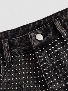 SHEIN MOD 女士休闲日常牛仔裤，宽松牛仔裤，牛仔女郎，圣帕特里克节，女士街头服饰，闪亮宽松牛仔裤，舞会裤，阔腿裤，西部风 - 黑色 - 查看 3