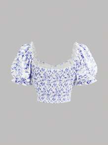 Girlism 少女休闲花卉印花荷叶边短袖衬衫 - 藍色 - 查看 6