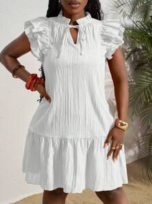 Slaydiva New Summer Style, Birthday Party, Graduation Season, Student Wear, Daily Outing, Basic And Versatile, Leisure, Vacation, Cruise Travel, Beach, Seaside, Ruffled V-Neck, Collar Tie, Double-Layer Lotus Leaf Short Sleeves, Loose A-Line, Textured Fabric, White Summer Mini Dress, Women's Dress Vacation Dress - White - View 4
