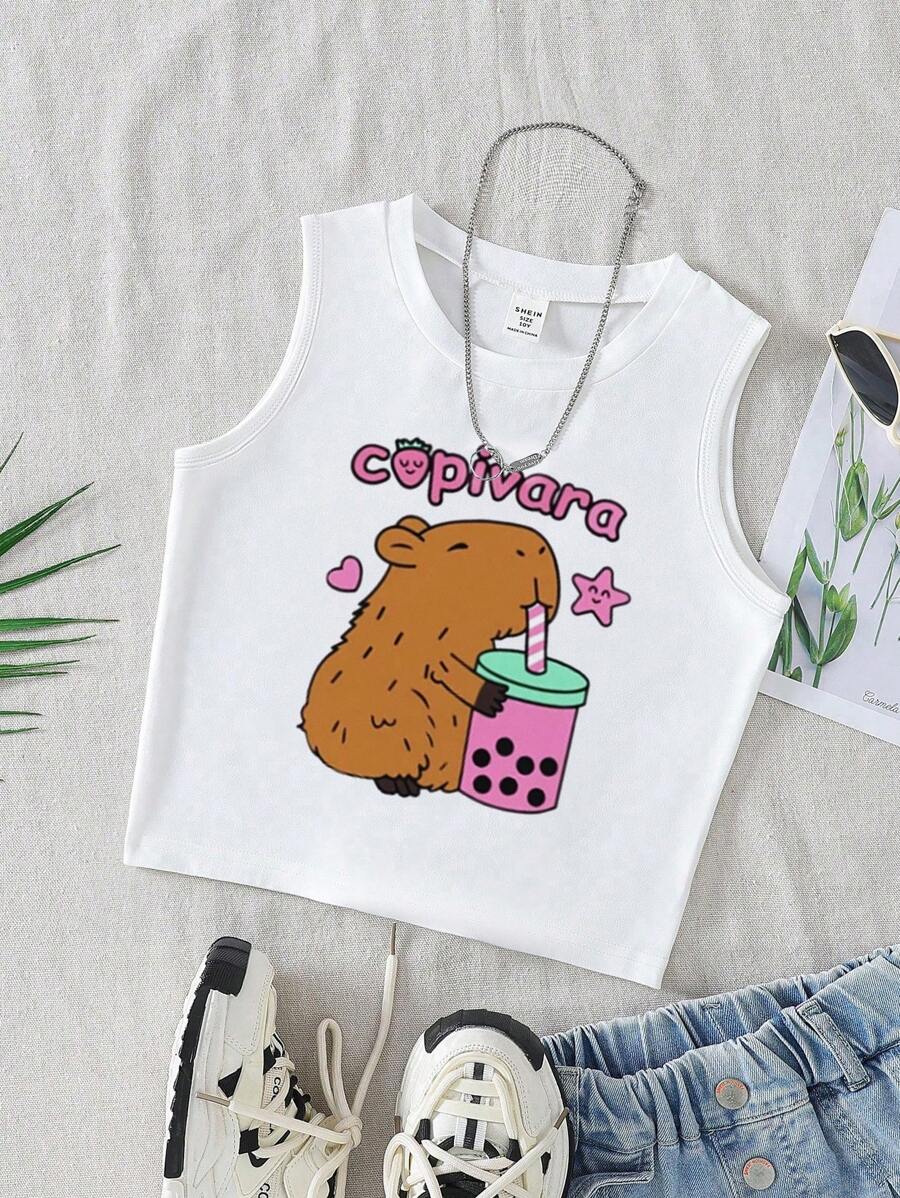 SHEIN Tween Girls' Letter & Cartoon Graphic White Round Neck Camisole - White - View 1