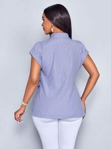 SOLERSUN Women's Striped Print Button Front Shirt,Casual Elegant Striped Print Tie Front Detail Blouse - Royal Blue - View 2