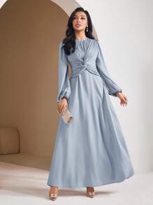 Veilorie Women's Solid Color Elegant Twist Pleated Long Sleeve Abaya Dress, Modest - Blue - View 6