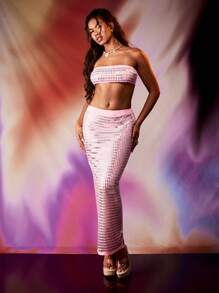 MISSGUIDED 钩针针织抹胸套装节日夏季海滩度假网眼风格假日两件套针织时尚服装 - 粉色 - 查看 1