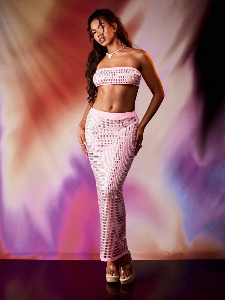 MISSGUIDED Crochet Knit Bandeau Co-Ord Set Festival Summer Beach Resort Mesh Style Holiday Two Piece Knitwear Fashion Outfit