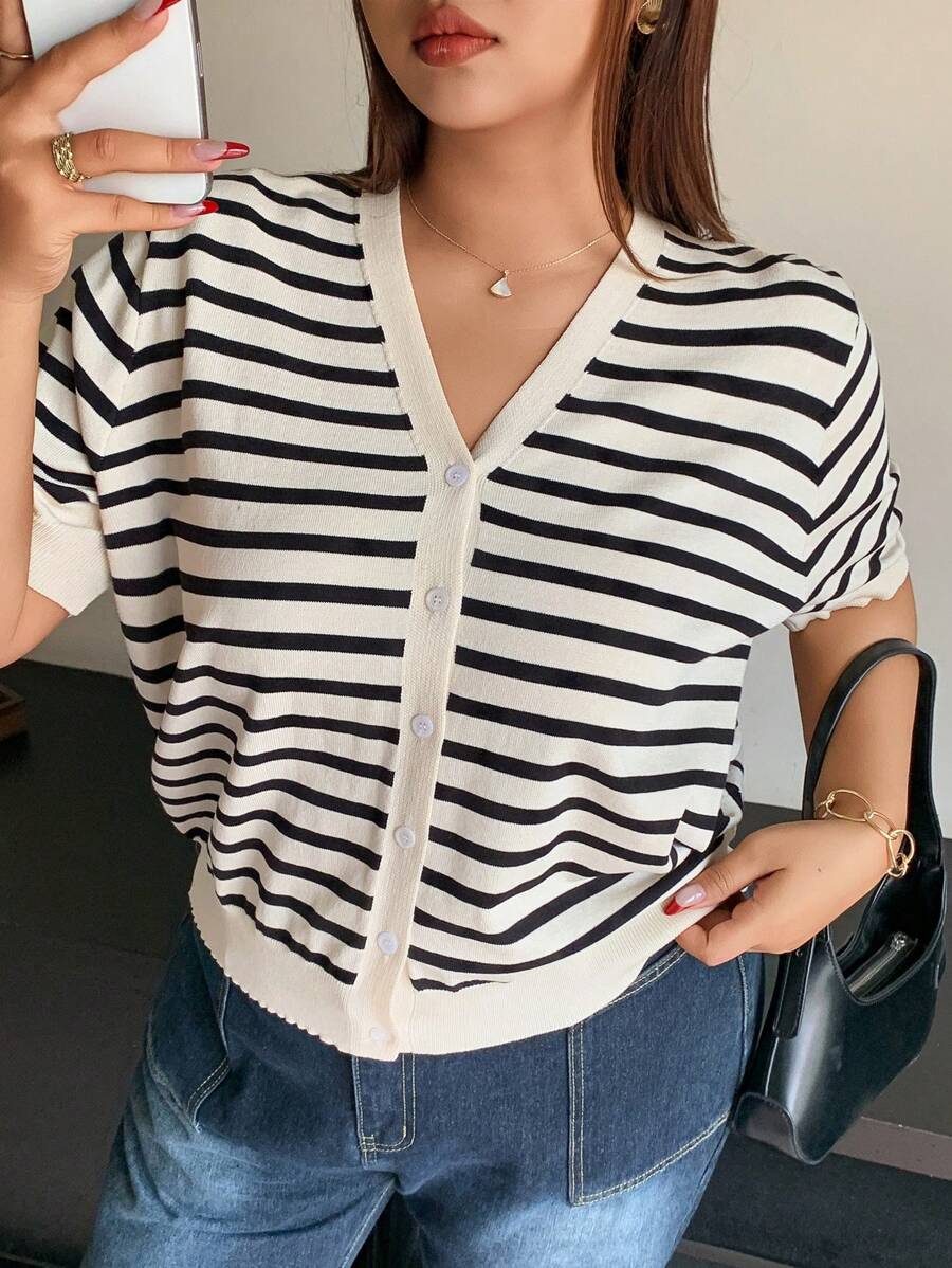 Dazy Plus V-Neck Striped Short Sleeve Fitted Cropped Knit Top - Black and White - View 1